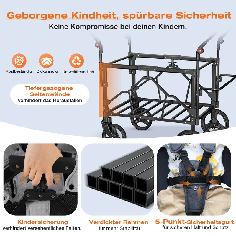 Sekey Kinder-Bollerwagen 7070, faltbar, mit Zwillingsmodus Face-to-Face & Back-to-Back, 80 kg Tragkraft, 5-Punkt-Gurt, 4-Rad-Federung, Sonnendach, Kühltasche & Getränkehalter Produktbeschreibung
