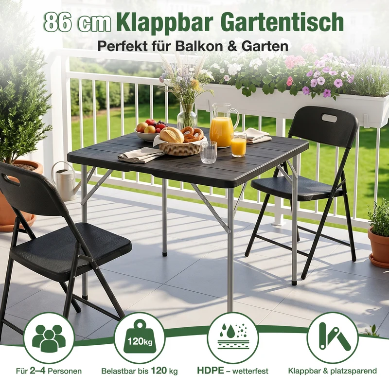 Sekey Klapptisch 86 x 86 cm, Gartentisch in Holzoptik, Wetterfester Balkontisch für 4 Personen, Klappbarer Outdoor-Tisch aus Kunststoff mit Metallgestell für Balkon, Terrasse & Garten, Schwarz