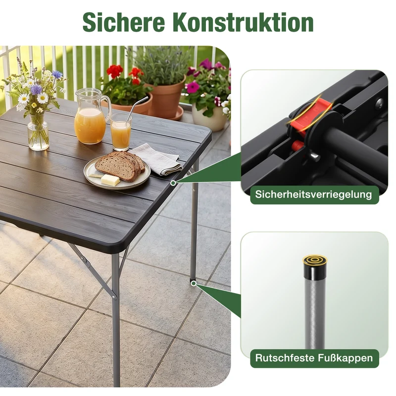 Sekey Klapptisch 86 x 86 cm, Gartentisch in Holzoptik, Wetterfester Balkontisch für 4 Personen, Klappbarer Outdoor-Tisch aus Kunststoff mit Metallgestell für Balkon, Terrasse & Garten, Schwarz