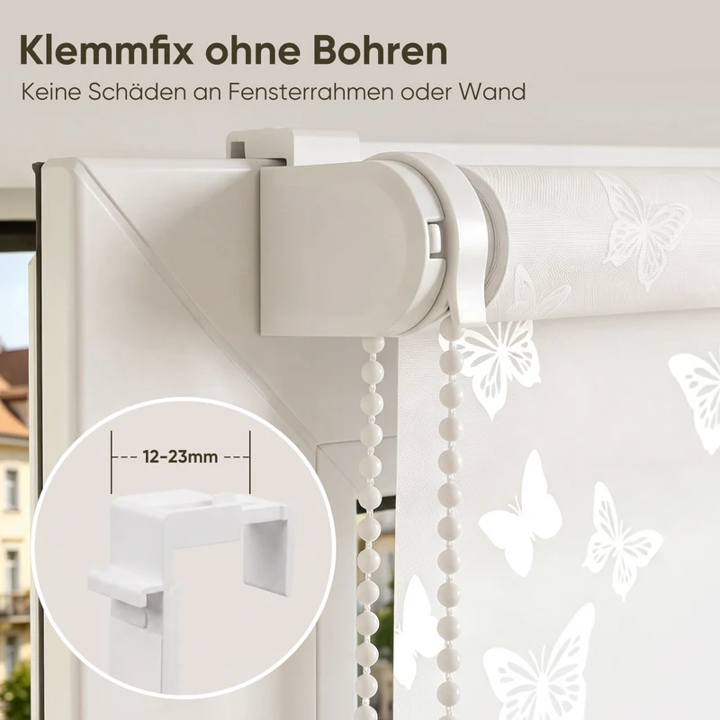 Sekey Rollo Schmetterling Weiß – Seitenzugrollo mit dekorativem Muster, Klemmfix ohne Bohren, lichtdurchlässig, stufenlos verstellbar
