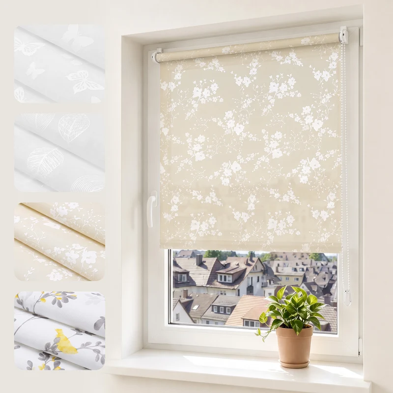 Sekey Klemmfix Rollo Beige mit weißen Blumen, lichtdurchlässiges Seitenzugrollo mit Sichtschutz, stufenlos verstellbar, ohne Bohren, Polyester Rollo für Fenster, verschiedene Größen