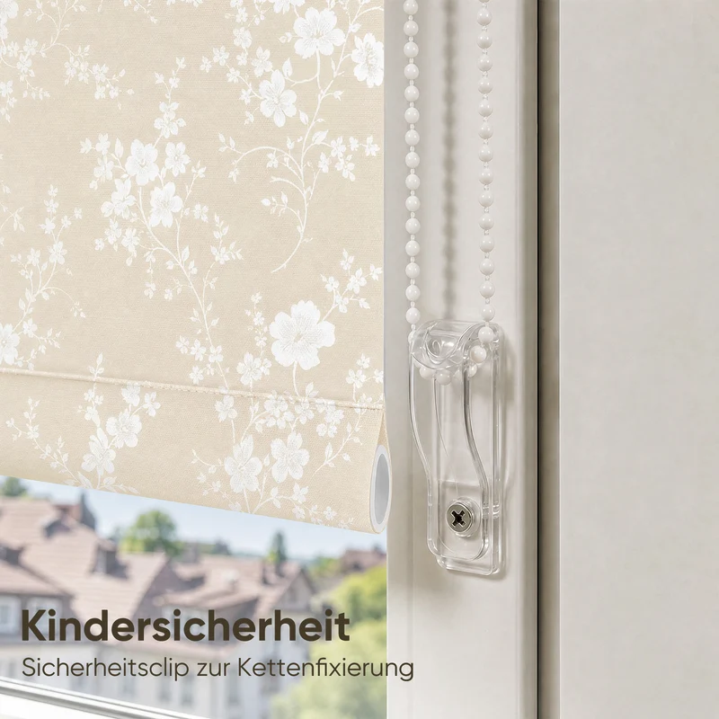 Sekey Klemmfix Rollo Beige mit weißen Blumen, lichtdurchlässiges Seitenzugrollo mit Sichtschutz, stufenlos verstellbar, ohne Bohren, Polyester Rollo für Fenster, verschiedene Größen