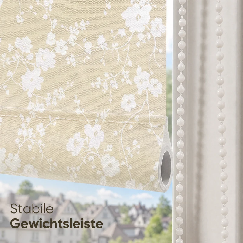 Sekey Klemmfix Rollo Beige mit weißen Blumen, lichtdurchlässiges Seitenzugrollo mit Sichtschutz, stufenlos verstellbar, ohne Bohren, Polyester Rollo für Fenster, verschiedene Größen