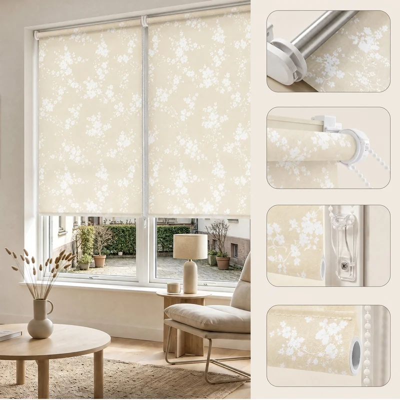 Sekey Klemmfix Rollo Beige mit weißen Blumen, lichtdurchlässiges Seitenzugrollo mit Sichtschutz, stufenlos verstellbar, ohne Bohren, Polyester Rollo für Fenster, verschiedene Größen