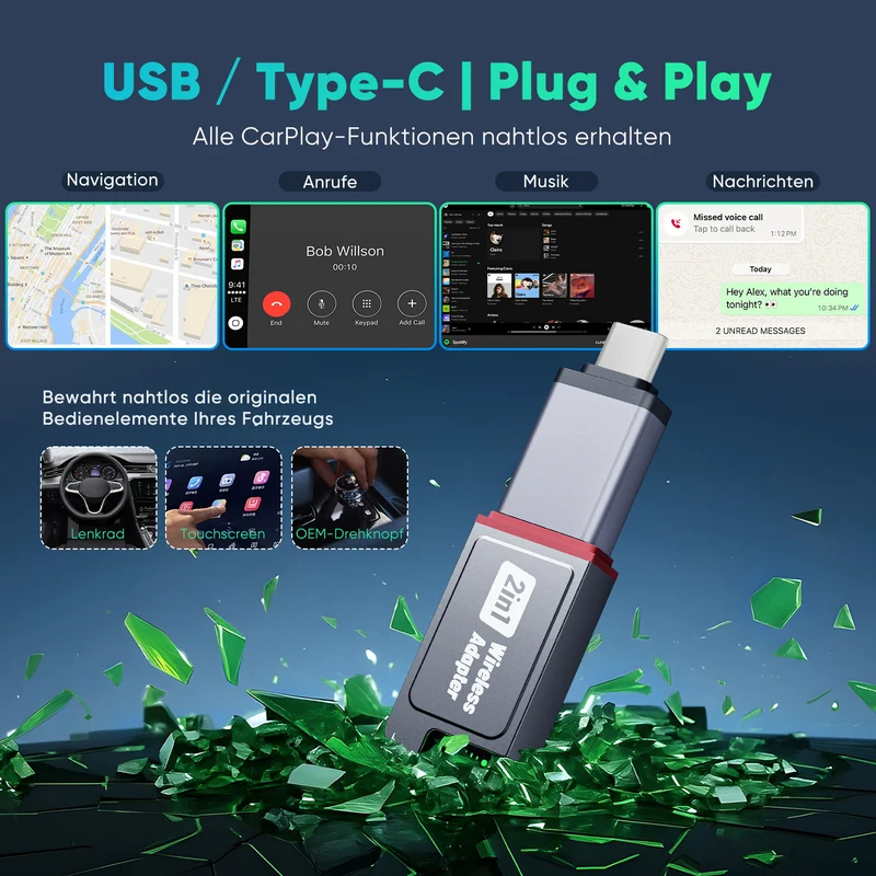 Salcar 2-in-1 Wireless Adapter für CarPlay & Android Auto – 2025 Upgrade, Dualband 5,8 GHz Auto-Dongle, ultrabreite Fahrzeugkompatibilität ab Baujahr 2016