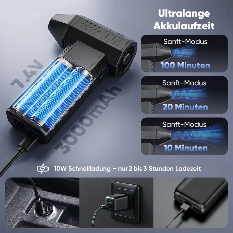 Salcar Elektrischer Air Duster X3 mit 130.000 U/min – Tragbares & Wiederaufladbares Staubgebläse mit 3 Stufen, Turbotaste & Super-Power für PC, Auto & Haushalt