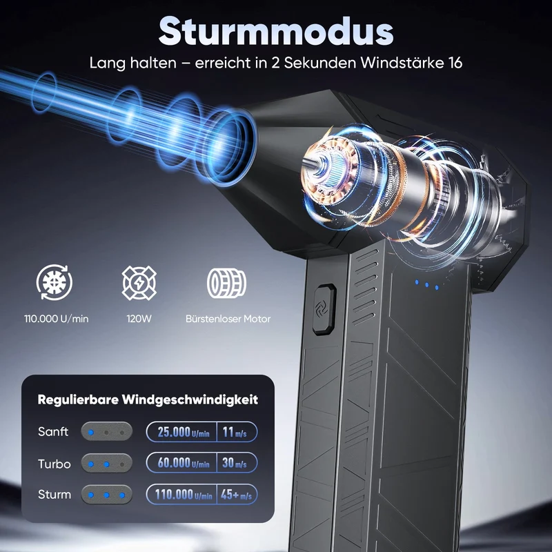 Salcar Elektrischer Air Duster X3 mini mit 110.000 U/min – Tragbares & Wiederaufladbares Staubgebläse mit Turbomodus für PC, Auto & Haushalt