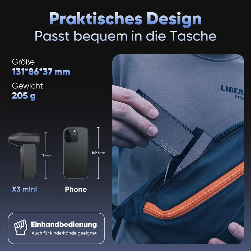 Salcar Elektrischer Air Duster X3 mini mit 110.000 U/min – Tragbares & Wiederaufladbares Staubgebläse mit Turbomodus für PC, Auto & Haushalt