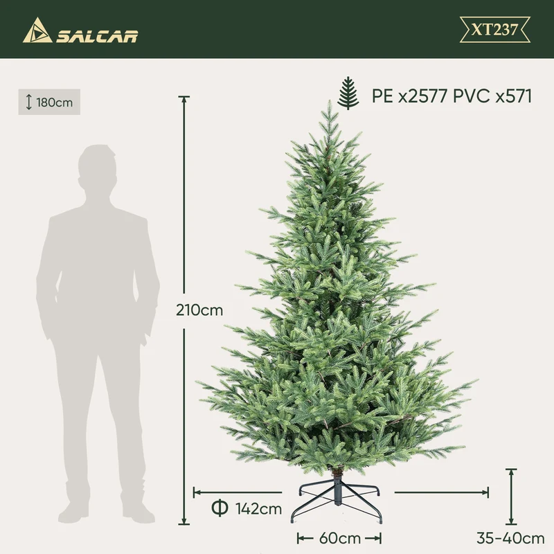 Salcar Künstlicher Weihnachtsbaum 150/180/210 cm, 90 % PE Spritzguss Premium Tannenbaum, naturgetreuer Christbaum mit Metallständer & Handschuhen – Dicht, Klappbar & Wiederverwendbar