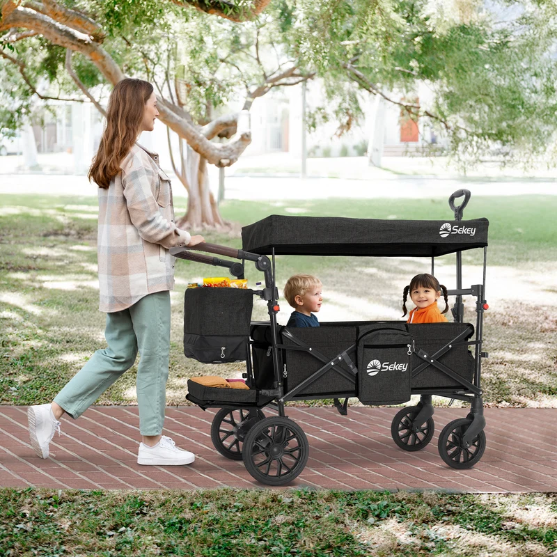 Sekey Bollerwagen Faltbar mit Dach für 1–2 Kinder, XXL PU-Räder mit Federung & Kugellager, Gepolstert & Komfortabel, Schiebe- und Ziehgriff, SS8080