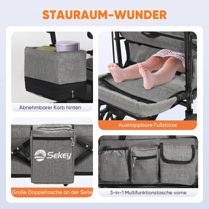 Sekey Bollerwagen Faltbar mit Dach für 1–2 Kinder, XXL PU-Räder mit Federung & Kugellager, Gepolstert & Komfortabel, Schiebe- und Ziehgriff, SS8080