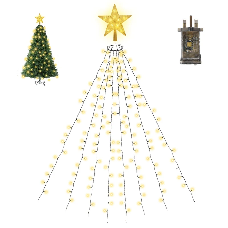 Salcar 3m LED Weihnachtsbaum-Lichterkette mit 10 Girlanden, Sternspitze & 360 LEDs – 8 Modi, Warmweiß, Sicher & Energiesparend