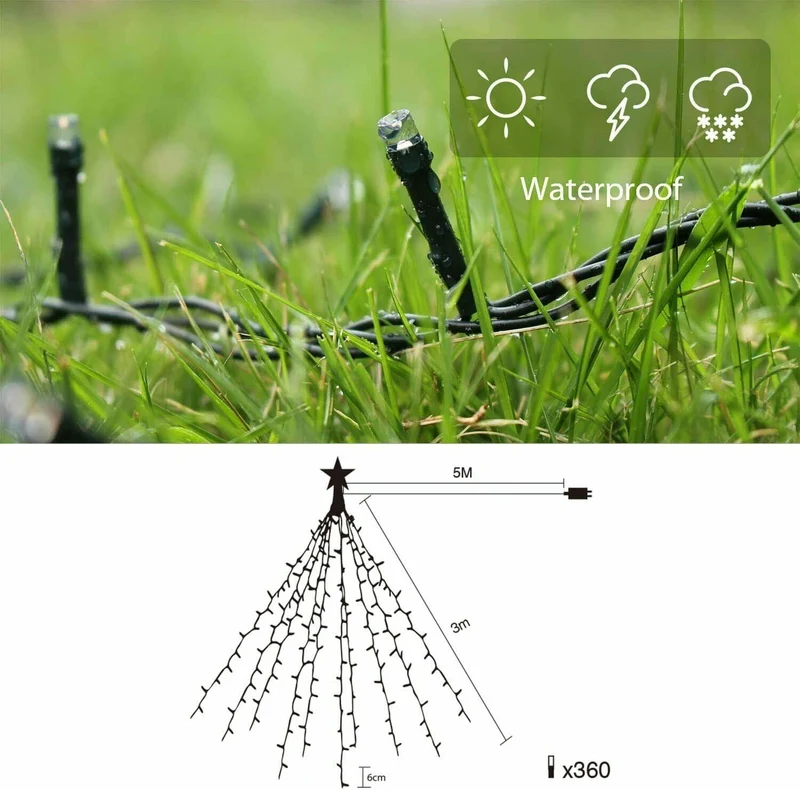 Salcar 3m LED Weihnachtsbaum-Lichterkette mit 10 Girlanden, Sternspitze & 360 LEDs – 8 Modi, Warmweiß, Sicher & Energiesparend