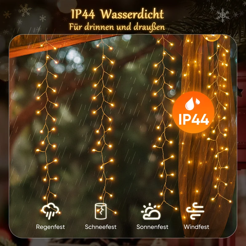 Salcar LED-Lichtervorhang 300er Eisregen 3x1 m, 8 Modi & Timer, Warmweiß, IP44, Innen- & Außenbeleuchtung für Weihnachten & Party
