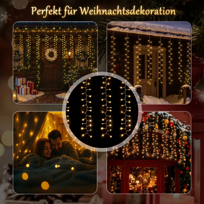 Salcar LED-Lichtervorhang 300er Eisregen 3x1 m, 8 Modi & Timer, Warmweiß, IP44, Innen- & Außenbeleuchtung für Weihnachten & Party