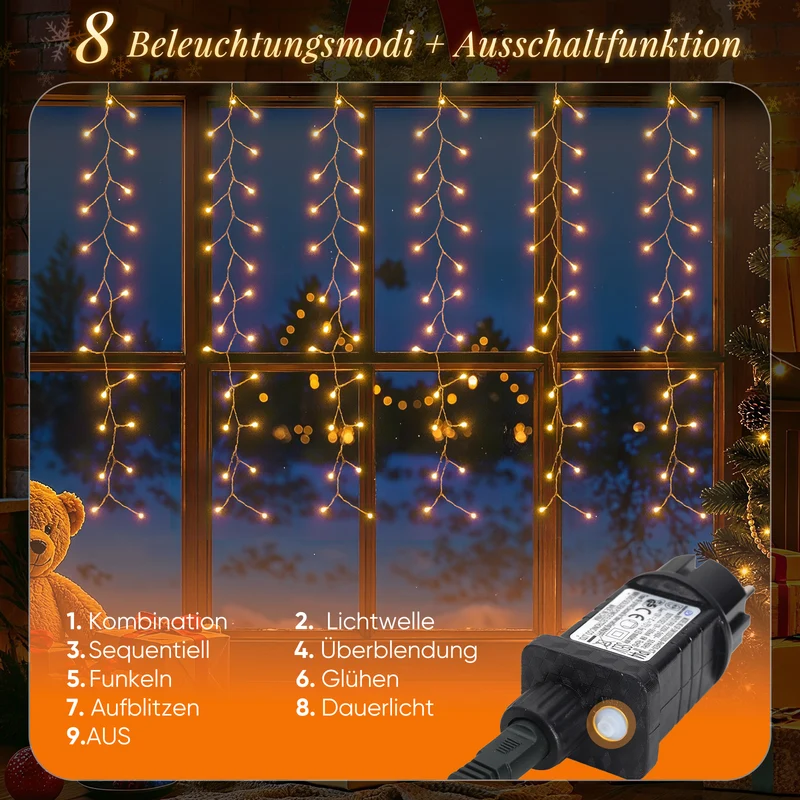 Salcar LED-Lichtervorhang 300er Eisregen 3x1 m, 8 Modi & Timer, Warmweiß, IP44, Innen- & Außenbeleuchtung für Weihnachten & Party