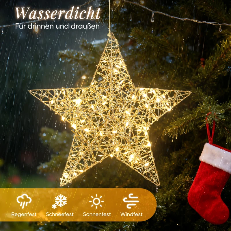 Salcar LED Stern Dekoleuchte Ø30 cm, Gold mit 80 LEDs, Batteriebetrieben, Timer & 8 Modi – Warmweiße Fenster- & Weihnachtsdeko