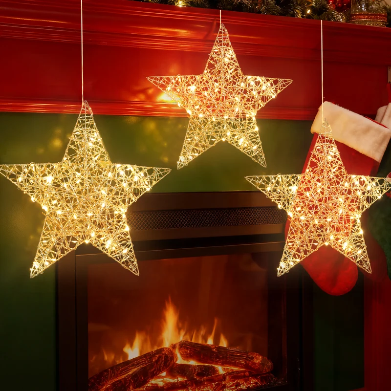Salcar LED Stern Dekoleuchte Ø30 cm, Gold mit 80 LEDs, Batteriebetrieben, Timer & 8 Modi – Warmweiße Fenster- & Weihnachtsdeko