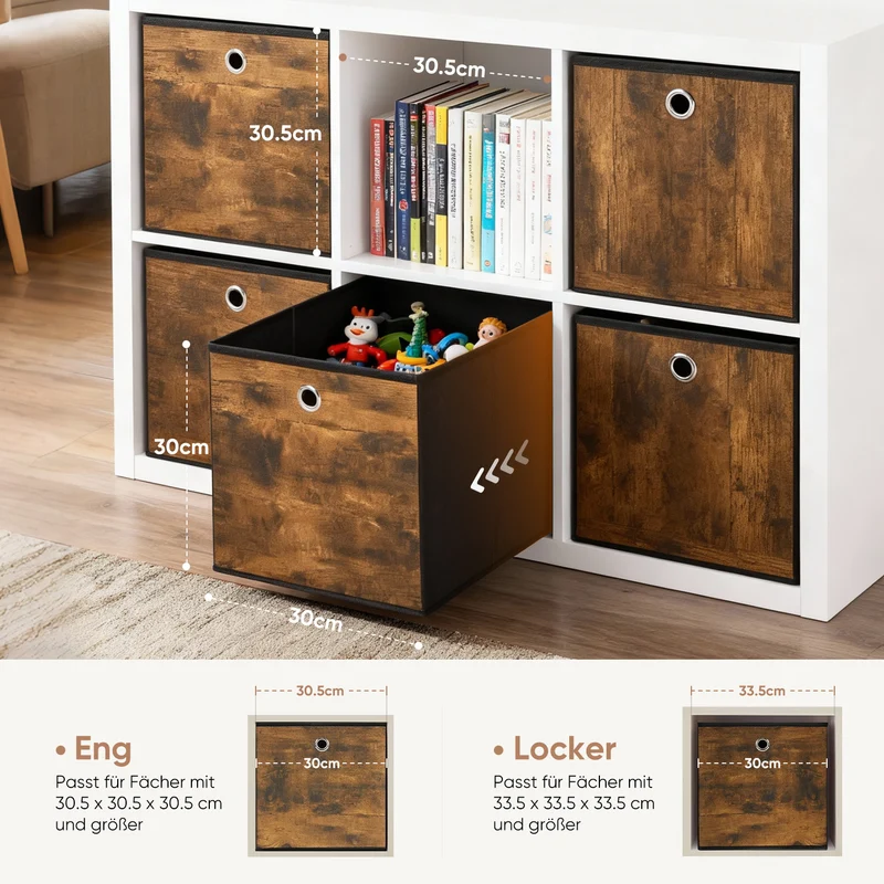 Sekey Aufbewahrungsboxen 6er Set in Holzoptik | Stoffboxen 30 × 30 × 30 cm natürliches Design & stabile Struktur