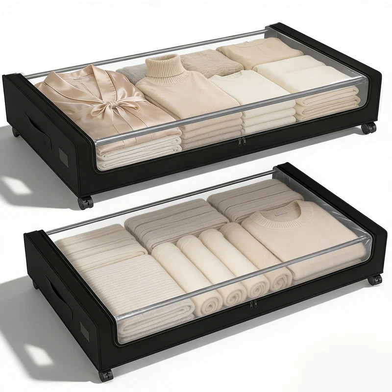 Sekey Unterbett-Aufbewahrungsbox mit Rollen 78 × 44 × 14 cm, Metallrahmen & PVC-Fenster für Kleidung & Bettwäsche