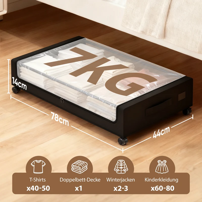 Sekey Unterbett-Aufbewahrungsbox mit Rollen 78 × 44 × 14 cm, Metallrahmen & PVC-Fenster für Kleidung & Bettwäsche