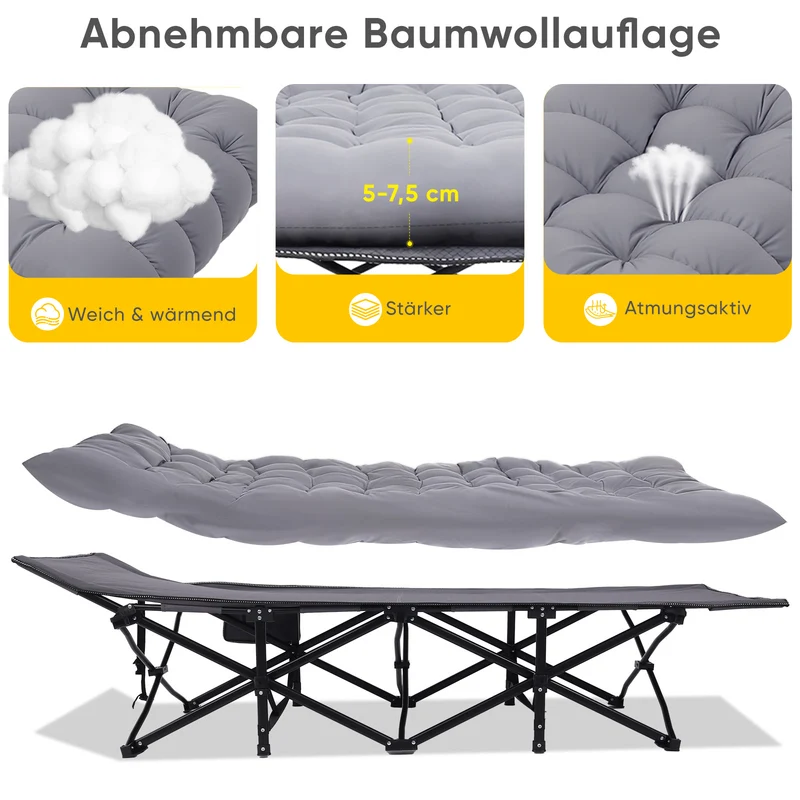 Sekey XXL Feldbett Klappbar 190×71×35 cm überbreit | Stahlrahmen bis 200 kg | 1200D Oxford | Inkl. abnehmbarer Matratze & Seitentasche Ideal für Camping & Gäste