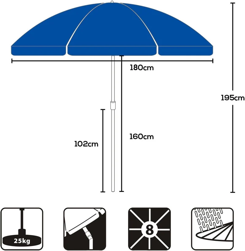 Sekey Sonnenschirm Ø180 cm mit UPF50+ – windstabiler Strand- & Balkonschirm mit Neigefunktion, wasserdicht, inkl. Schutzhülle, GRS-recycelter Bezug