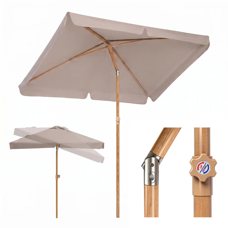 Sekey Sonnenschirm Balkon 200x125 cm rechteckig in Holzoptik – höhenverstellbar, neigbar mit Aluminium-Drehgelenk, UV50+ Polyester, Push-Up-System für Balkon, Terrasse & Garten