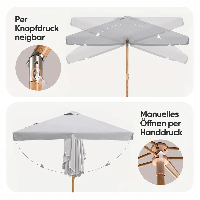 Sekey Sonnenschirm Balkon 200x125 cm rechteckig in Holzoptik – höhenverstellbar, neigbar mit Aluminium-Drehgelenk, UV50+ Polyester, Push-Up-System für Balkon, Terrasse & Garten