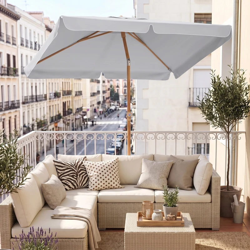 Sekey Sonnenschirm Balkon 200x125 cm rechteckig in Holzoptik – höhenverstellbar, neigbar mit Aluminium-Drehgelenk, UV50+ Polyester, Push-Up-System für Balkon, Terrasse & Garten