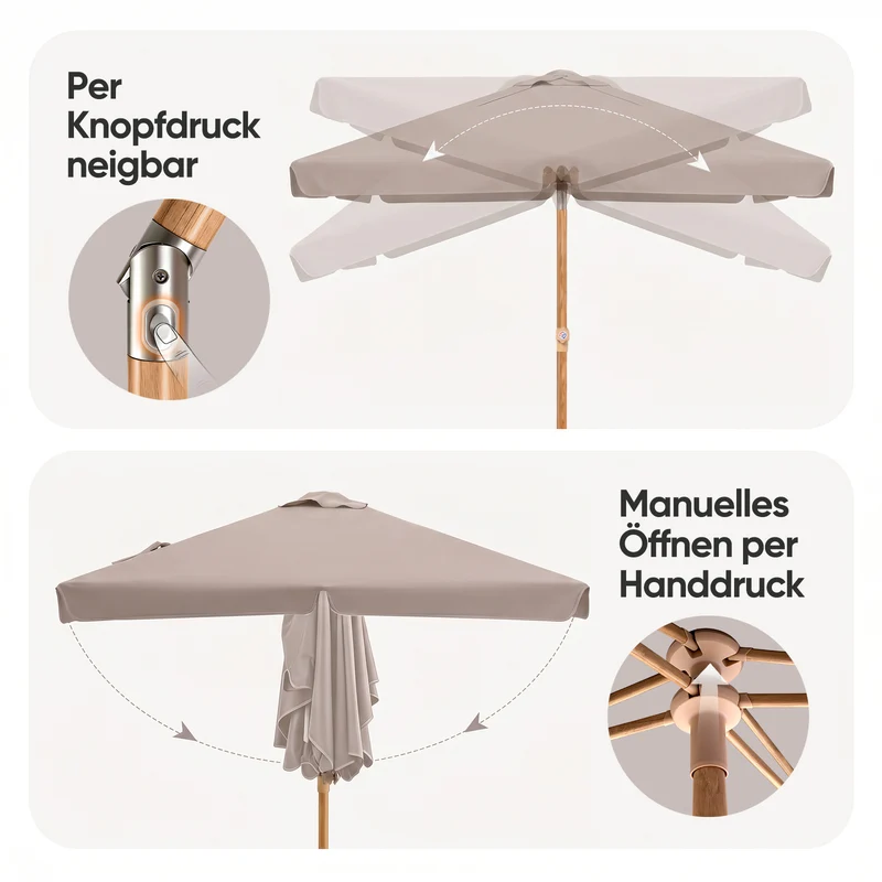 Sekey Sonnenschirm Balkon 200x125 cm rechteckig in Holzoptik – höhenverstellbar, neigbar mit Aluminium-Drehgelenk, UV50+ Polyester, Push-Up-System für Balkon, Terrasse & Garten