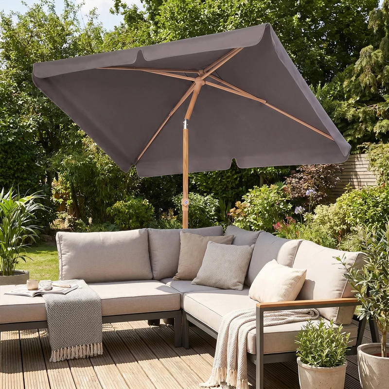 Sekey Sonnenschirm Balkon 200x125 cm rechteckig in Holzoptik – höhenverstellbar, neigbar mit Aluminium-Drehgelenk, UV50+ Polyester, Push-Up-System für Balkon, Terrasse & Garten
