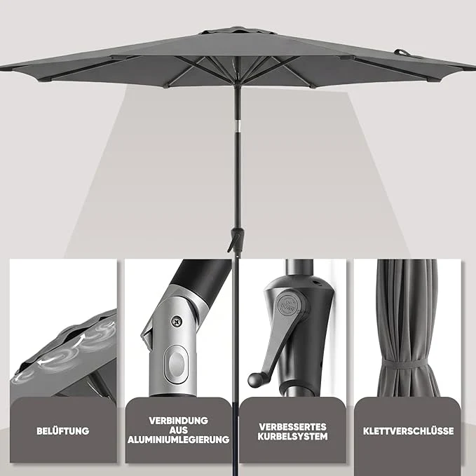 Sekey Alu Sonnenschirm mit UV-Schutz 50+ – Windfester Gartenschirm mit Kurbel für Balkon, Terrasse & Garten