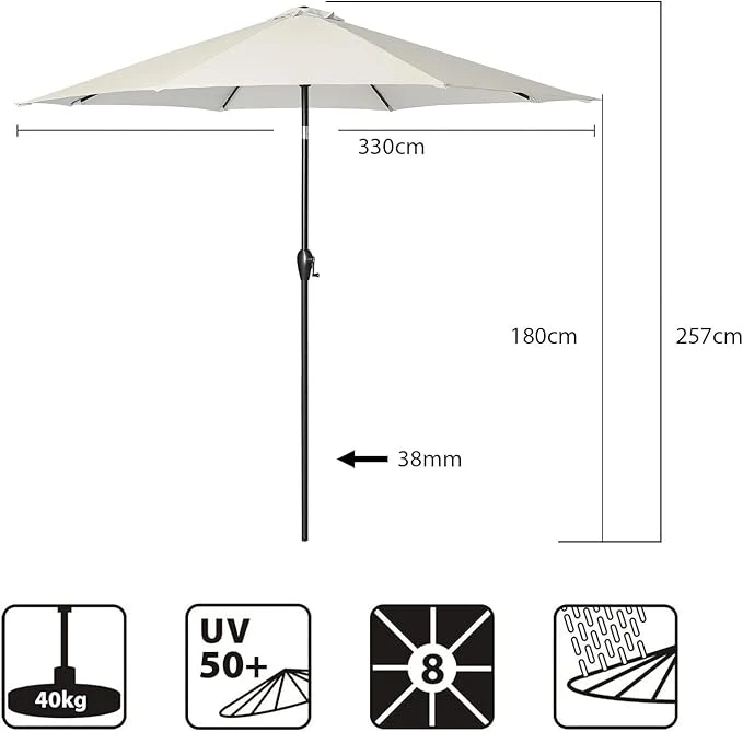 Sekey Alu Sonnenschirm mit UV-Schutz 50+ – Windfester Gartenschirm mit Kurbel für Balkon, Terrasse & Garten