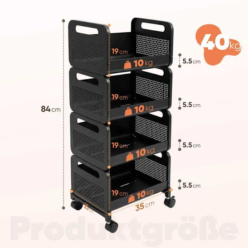 SekeyRollwagen schwarz 25 cm breit, Küchenwagen mit 4 oder 5 Ebenen, Servierwagen mit Rollen, Metall Aufbewahrungsregal, flexibel einstellbar, 360° Rollen mit Bremse