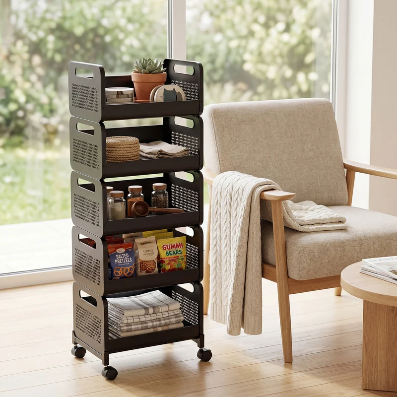 SekeyRollwagen schwarz 25 cm breit, Küchenwagen mit 4 oder 5 Ebenen, Servierwagen mit Rollen, Metall Aufbewahrungsregal, flexibel einstellbar, 360° Rollen mit Bremse