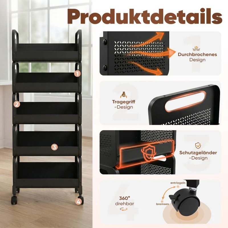 SekeyRollwagen schwarz 25 cm breit, Küchenwagen mit 4 oder 5 Ebenen, Servierwagen mit Rollen, Metall Aufbewahrungsregal, flexibel einstellbar, 360° Rollen mit Bremse