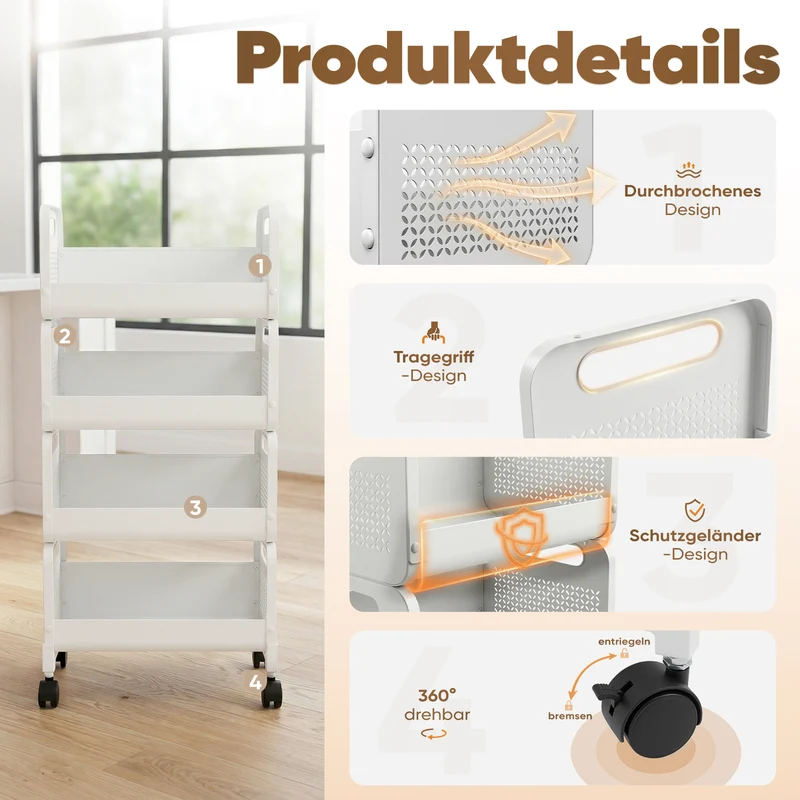Sekey Rollwagen 25 cm breit, Küchenwagen mit 4 Ebenen/5 Ebenen, Servierwagen mit Rollen, Metall Aufbewahrungsregal, flexibel einstellbar, 360° drehbare Rollen mit Bremse
