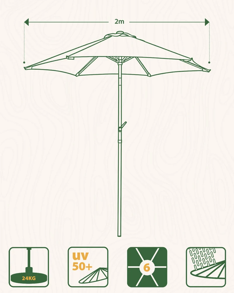 Sekey Sonnenschirm 200 cm mit Kurbel & Knickfunktion, UV-Schutz 50+, stabiler 6-Rippen-Konstruktion, Balkon Sonnenschirm für Terrasse, Garten & Strand