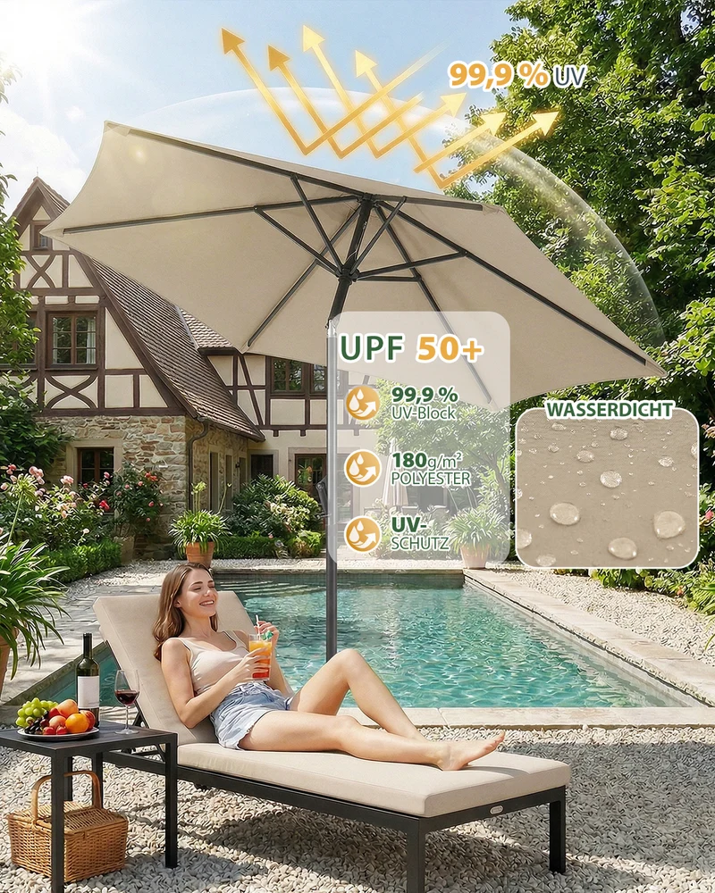 Sekey Sonnenschirm 200 cm mit Kurbel & Knickfunktion, UV-Schutz 50+, stabiler 6-Rippen-Konstruktion, Balkon Sonnenschirm für Terrasse, Garten & Strand