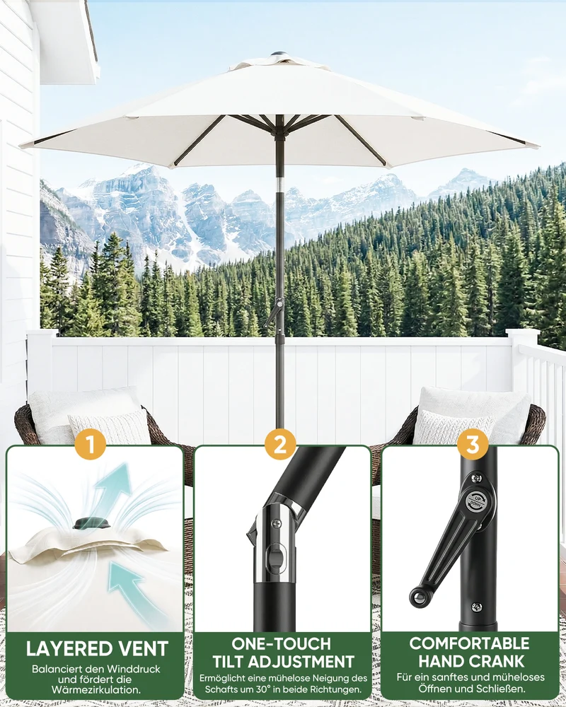 Sekey Sonnenschirm 200 cm mit Kurbel & Knickfunktion, UV-Schutz 50+, stabiler 6-Rippen-Konstruktion, Balkon Sonnenschirm für Terrasse, Garten & Strand