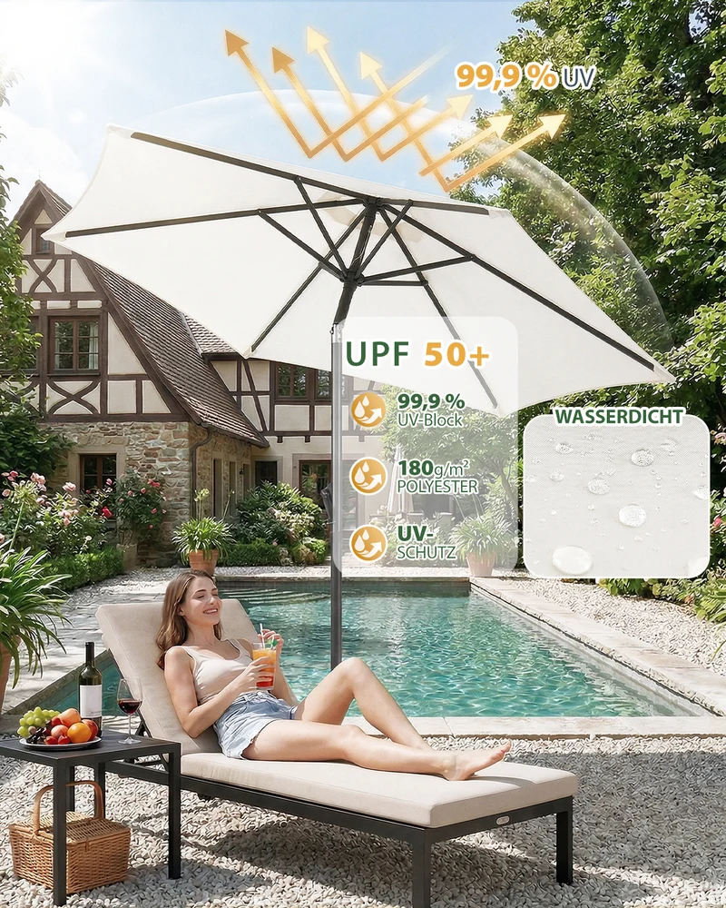 Sekey Sonnenschirm 200 cm mit Kurbel & Knickfunktion, UV-Schutz 50+, stabiler 6-Rippen-Konstruktion, Balkon Sonnenschirm für Terrasse, Garten & Strand