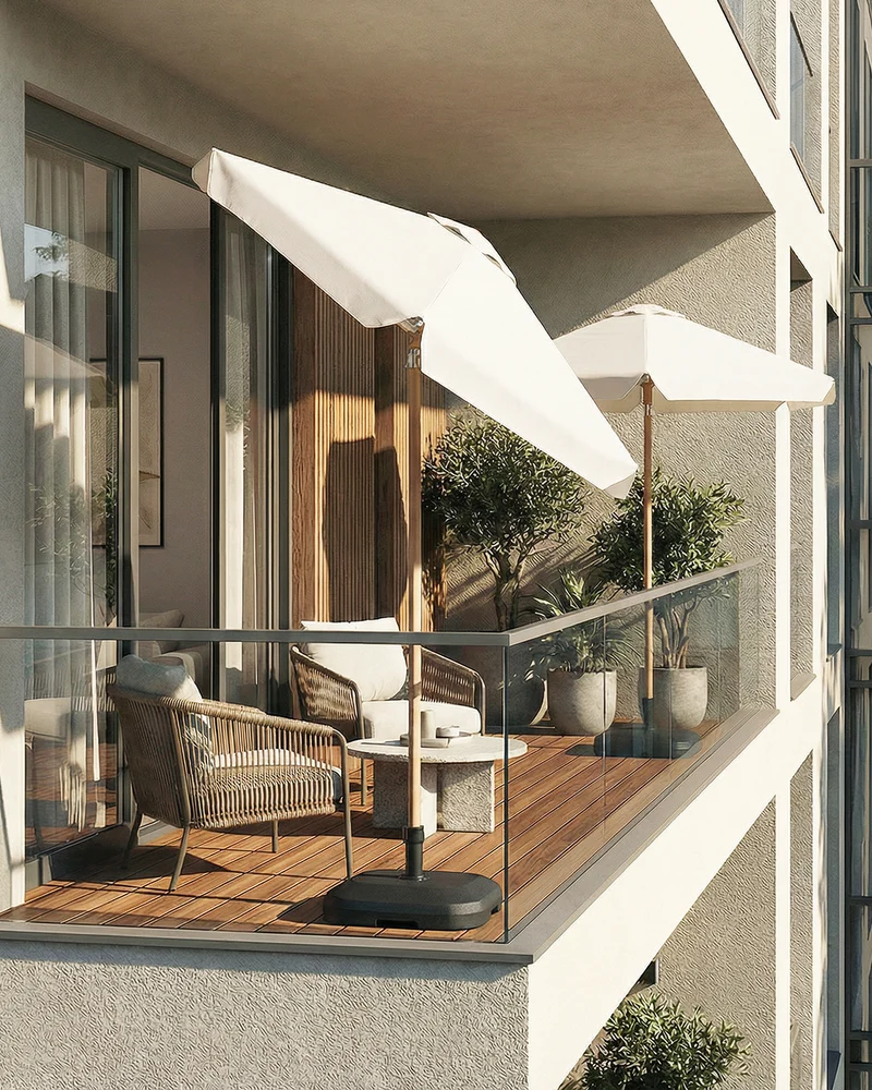Sekey Sonnenschirm 200 cm Balkon Holzoptik mit Neigungsfunktion, UPF 50+, Doppel-Seilzug, stabiler Eisenmast & 6 Stahlstreben – für Balkon & Terrasse