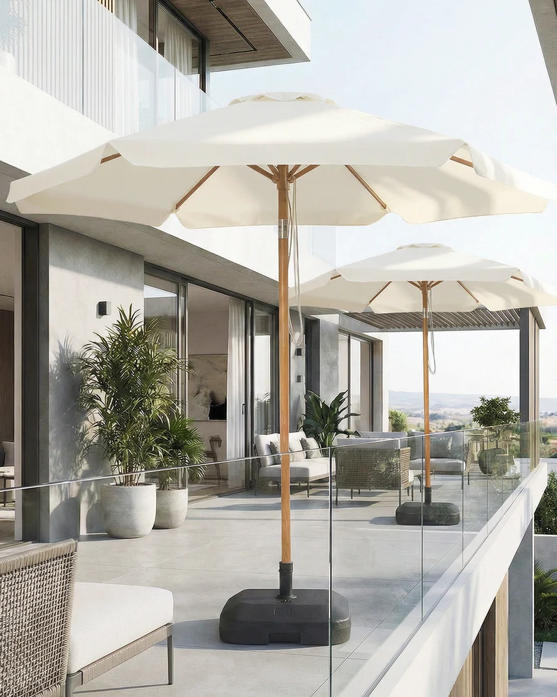 Sekey Sonnenschirm 200 cm Balkon Holzoptik mit Neigungsfunktion, UPF 50+, Doppel-Seilzug, stabiler Eisenmast & 6 Stahlstreben – für Balkon & Terrasse