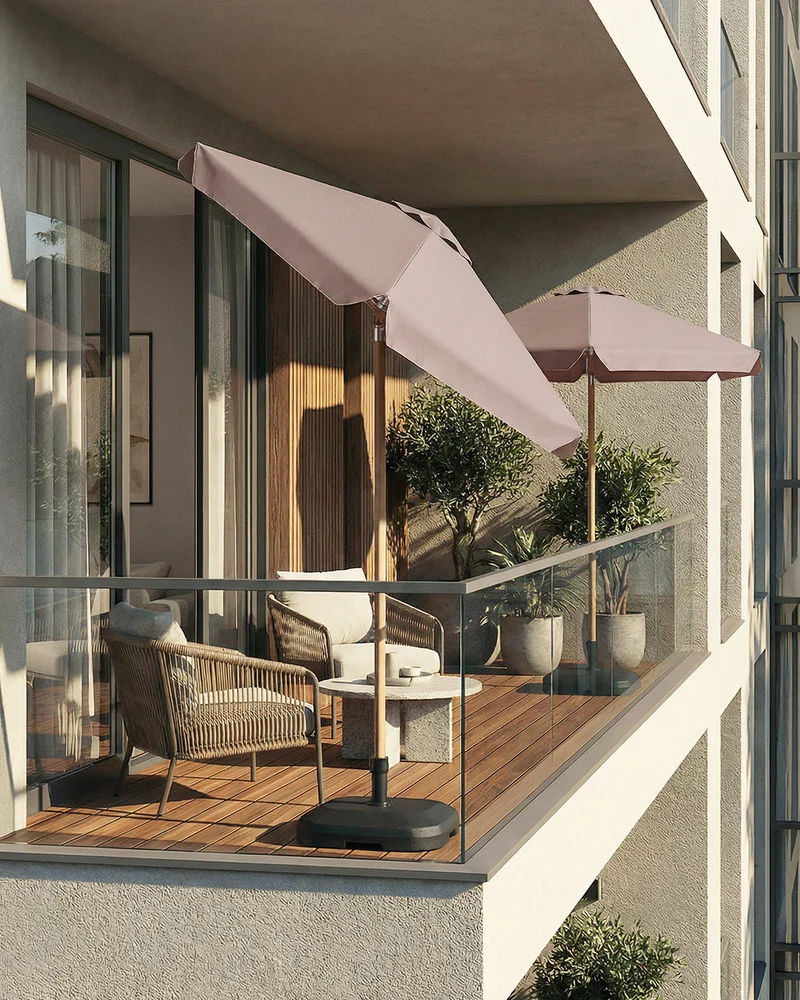 Sekey Sonnenschirm 200 cm Balkon Holzoptik mit Neigungsfunktion, UPF 50+, Doppel-Seilzug, stabiler Eisenmast & 6 Stahlstreben – für Balkon & Terrasse