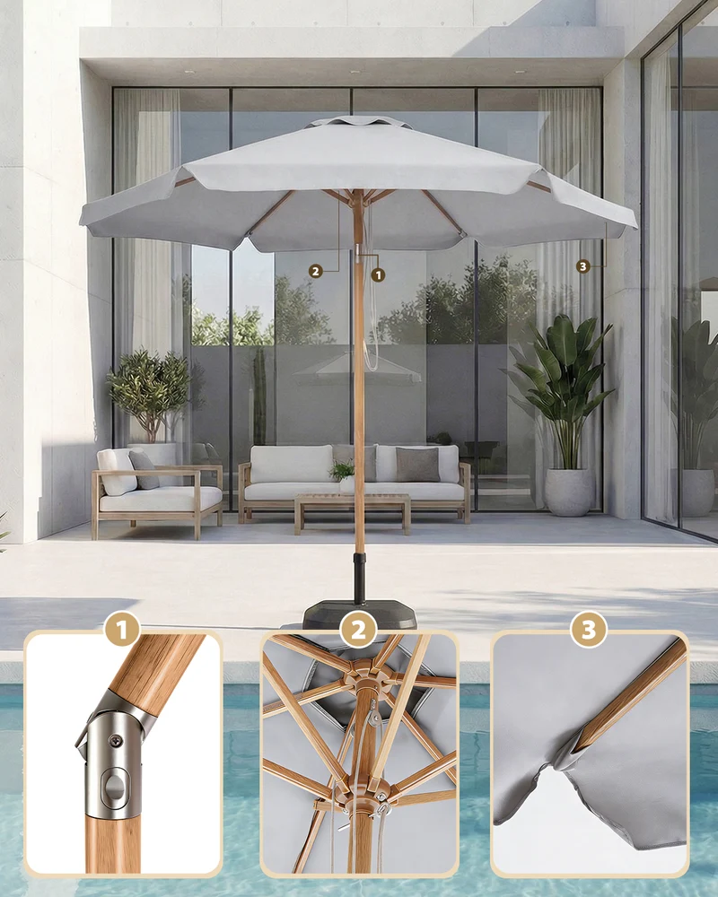 Sekey Sonnenschirm 200 cm Balkon Holzoptik mit Neigungsfunktion, UPF 50+, Doppel-Seilzug, stabiler Eisenmast & 6 Stahlstreben – für Balkon & Terrasse