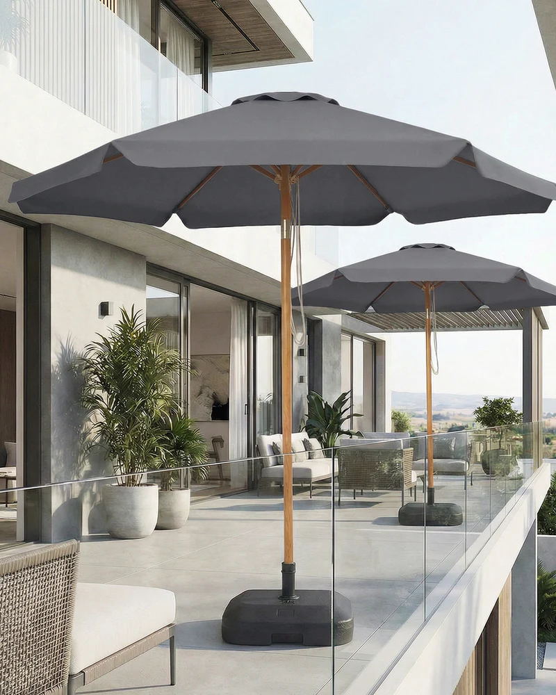 Sekey Sonnenschirm 200 cm Balkon Holzoptik mit Neigungsfunktion, UPF 50+, Doppel-Seilzug, stabiler Eisenmast & 6 Stahlstreben – für Balkon & Terrasse