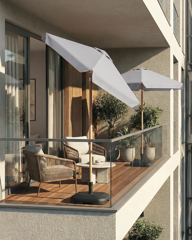 Sekey Sonnenschirm 200 cm Balkon Holzoptik mit Neigungsfunktion, UPF 50+, Doppel-Seilzug, stabiler Eisenmast & 6 Stahlstreben – für Balkon & Terrasse