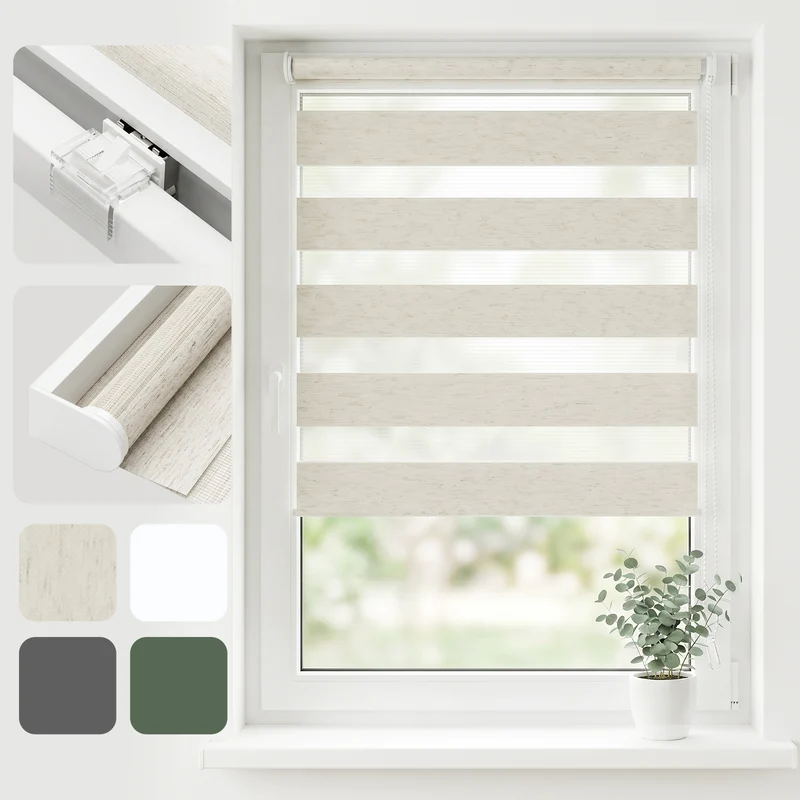 Salcar Doppelrollo Klemmfix Leinenoptik Beige – Duo Rollo ohne Bohren für Fenster, Zebra Rollo mit natürlicher Leinenstruktur und Sichtschutz
