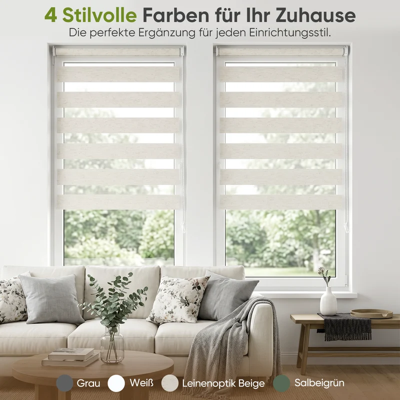 Salcar Doppelrollo Klemmfix Leinenoptik Beige – Duo Rollo ohne Bohren für Fenster, Zebra Rollo mit natürlicher Leinenstruktur und Sichtschutz